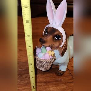 Ceramic Dachshund Easter Bunny  Figurine with Basket - Brown and Multicolor Eggs